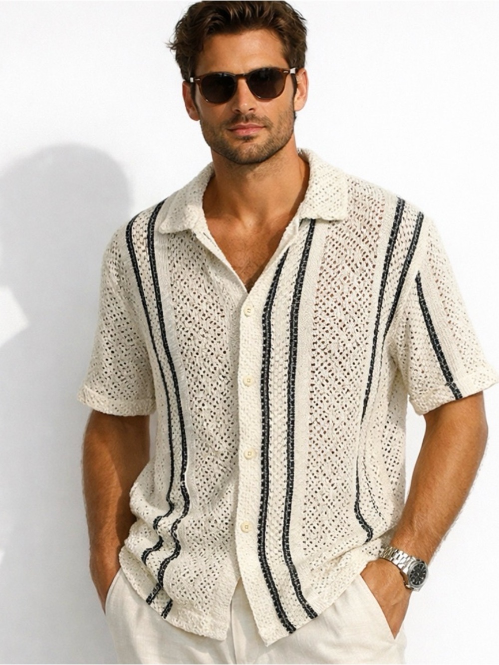 Cactus Man Cream & Black Crochet Woven Striped Resort Cabana Shirt Men's Large